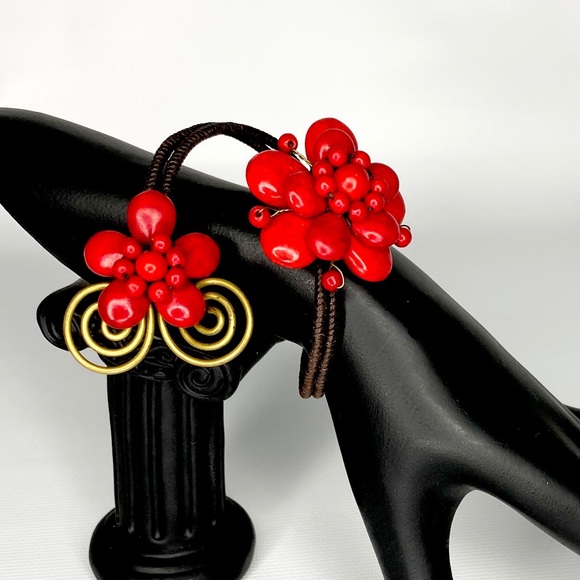 Artisan Red Flower Boho Cord Necklace & Bracelet - Picture 6 of 16